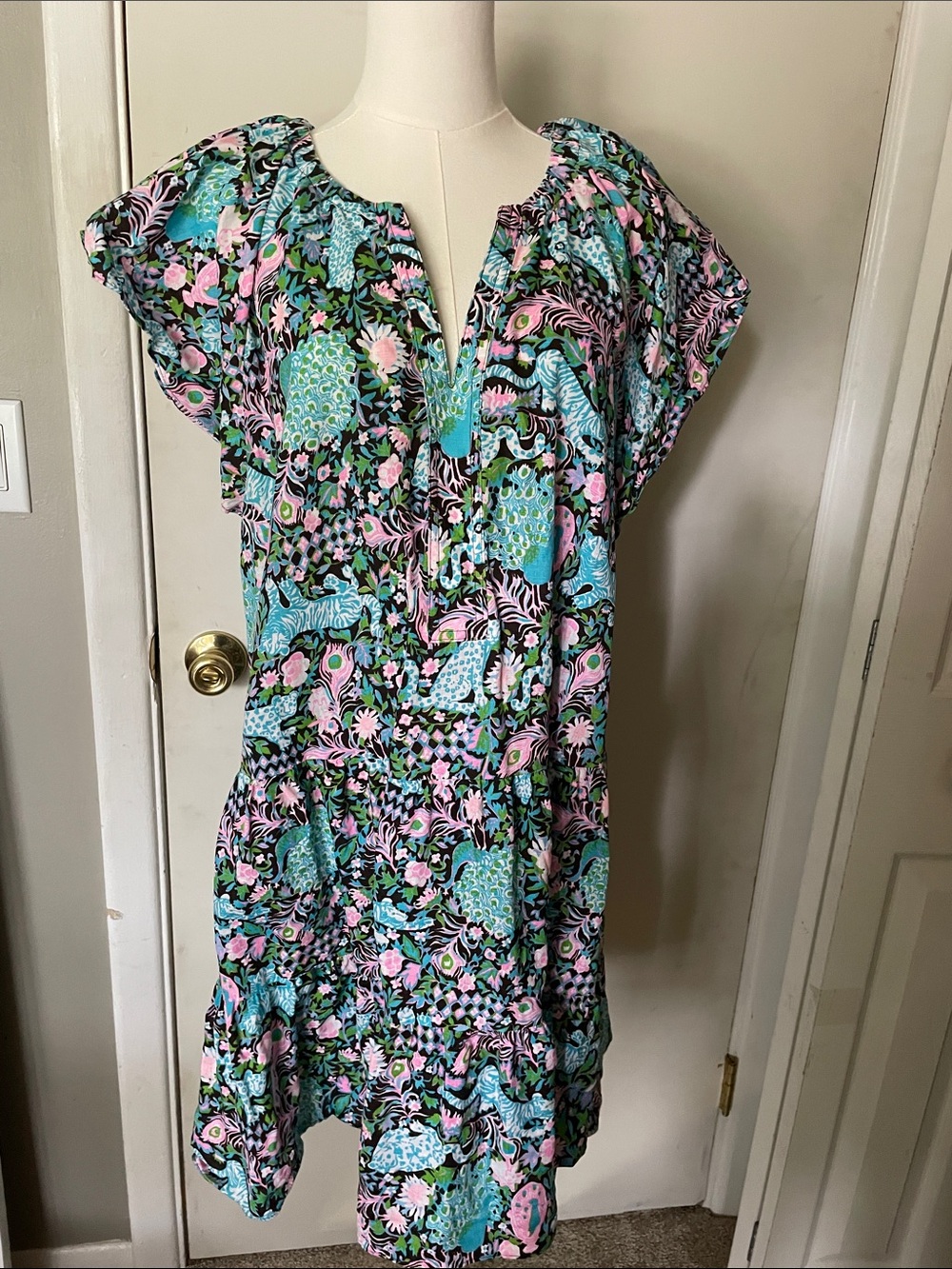 Lilly Pulitzer Aqua, Pink and Black Floral Linen Midi Dress